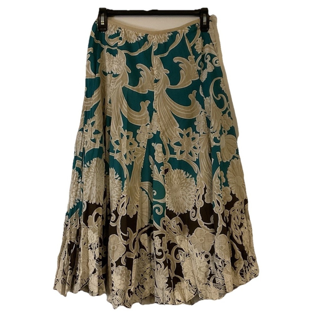 Nygard Collection 100%‎ Cotton Midi Scroll Skirt Teal Greens Aqua Size 2 Petite